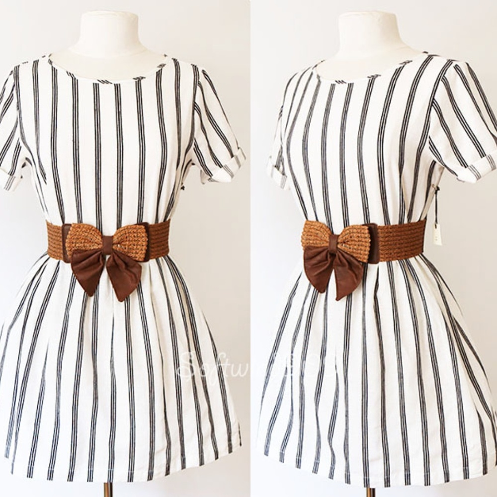 Cream Navy Blue Vertical Stripe Linen Cotton Dress - Picture 2 of 8